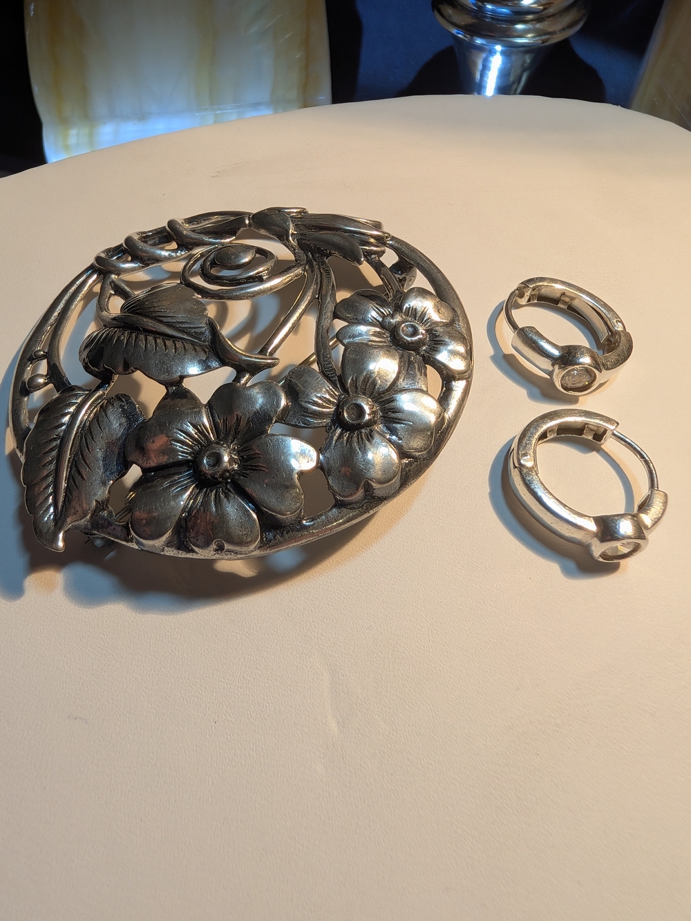 STERLING SILVER 925 Statement 30g! Floral Brooch & Sterling Hoop Earrings